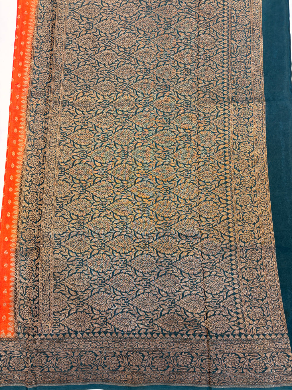Orange Banarasi Crepe Georgette Saree with Green Border