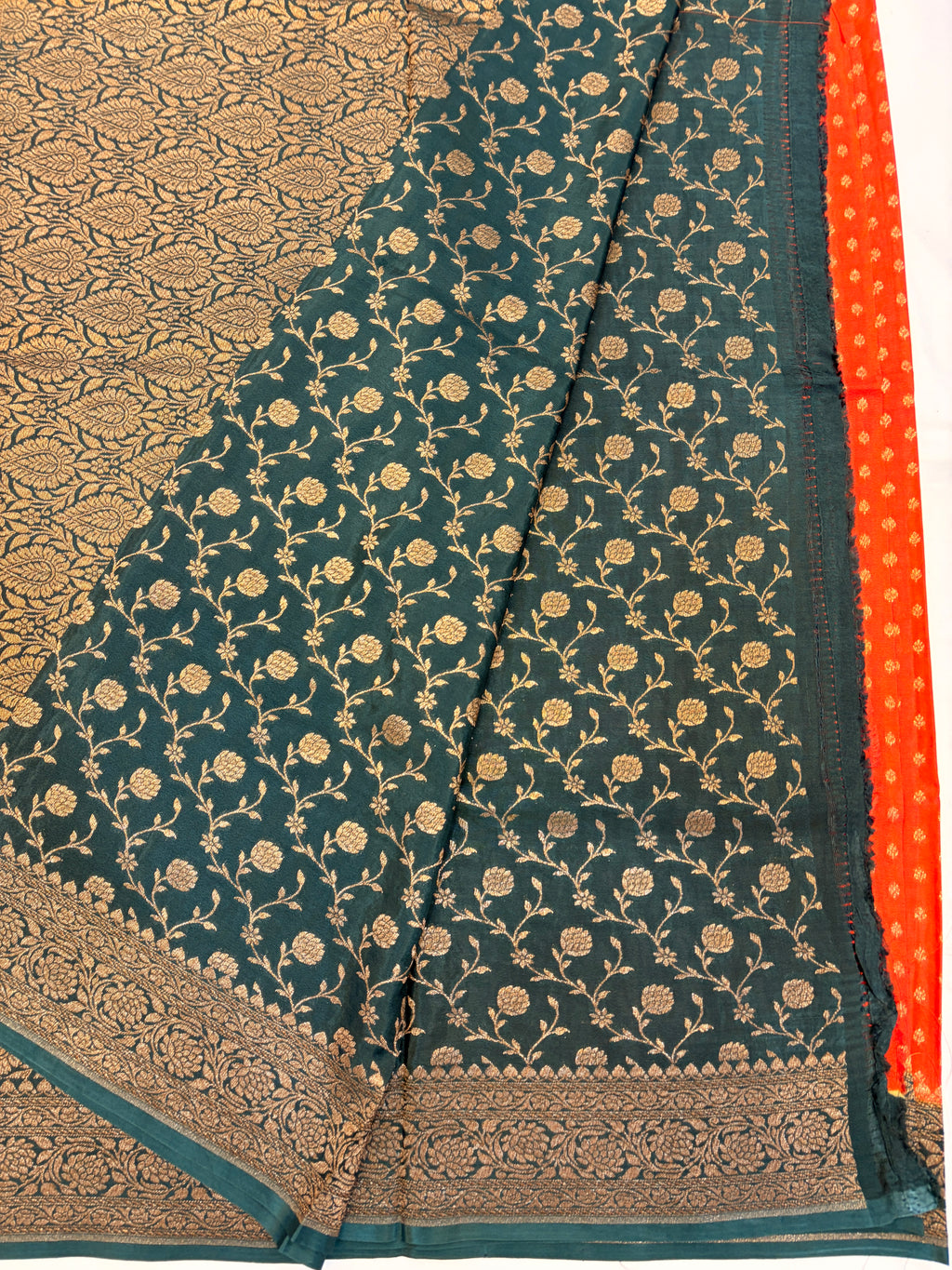 Orange Banarasi Crepe Georgette Saree with Green Border