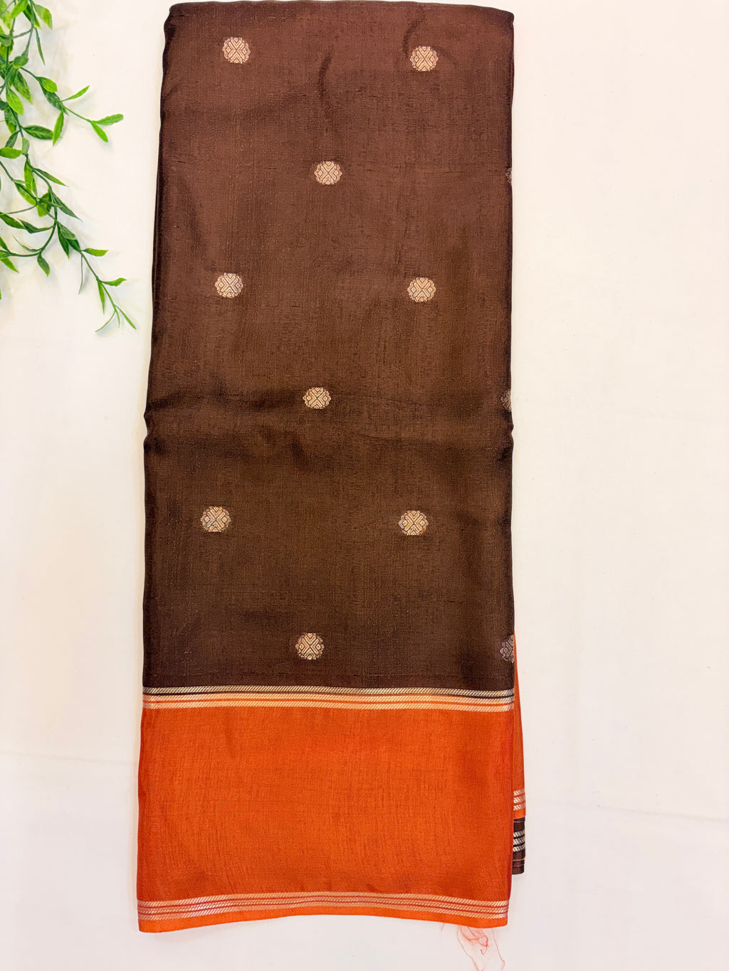 Chocolate Brown Soft Jute Tussar Saree with Orange Gap Border