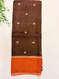 Chocolate Brown Soft Jute Tussar Saree with Orange Gap Border