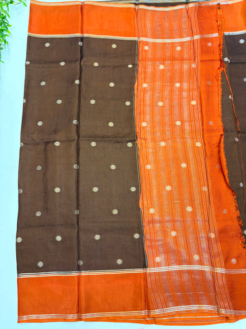 Chocolate Brown Soft Jute Tussar Saree with Orange Gap Border