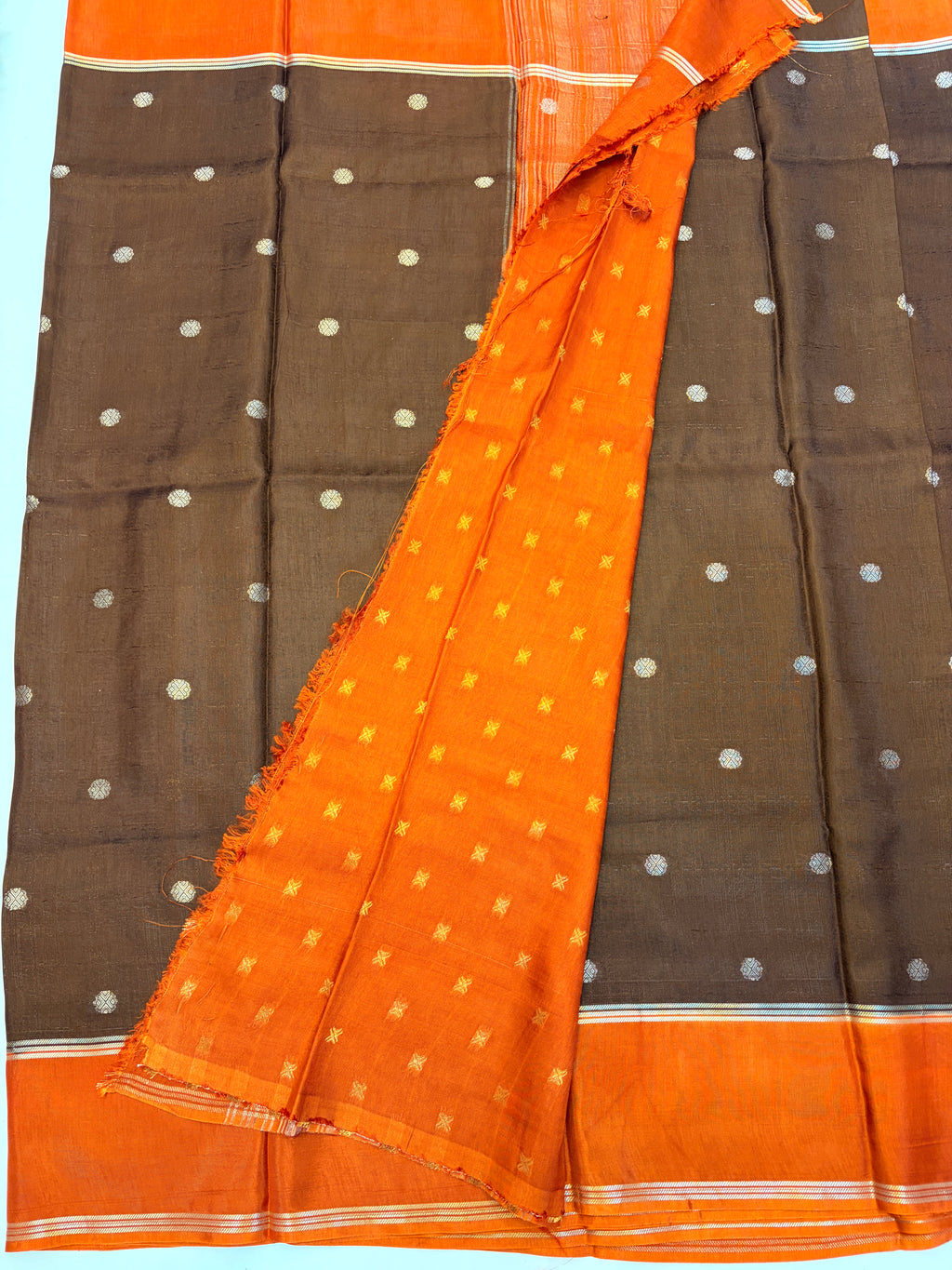 Chocolate Brown Soft Jute Tussar Saree with Orange Gap Border
