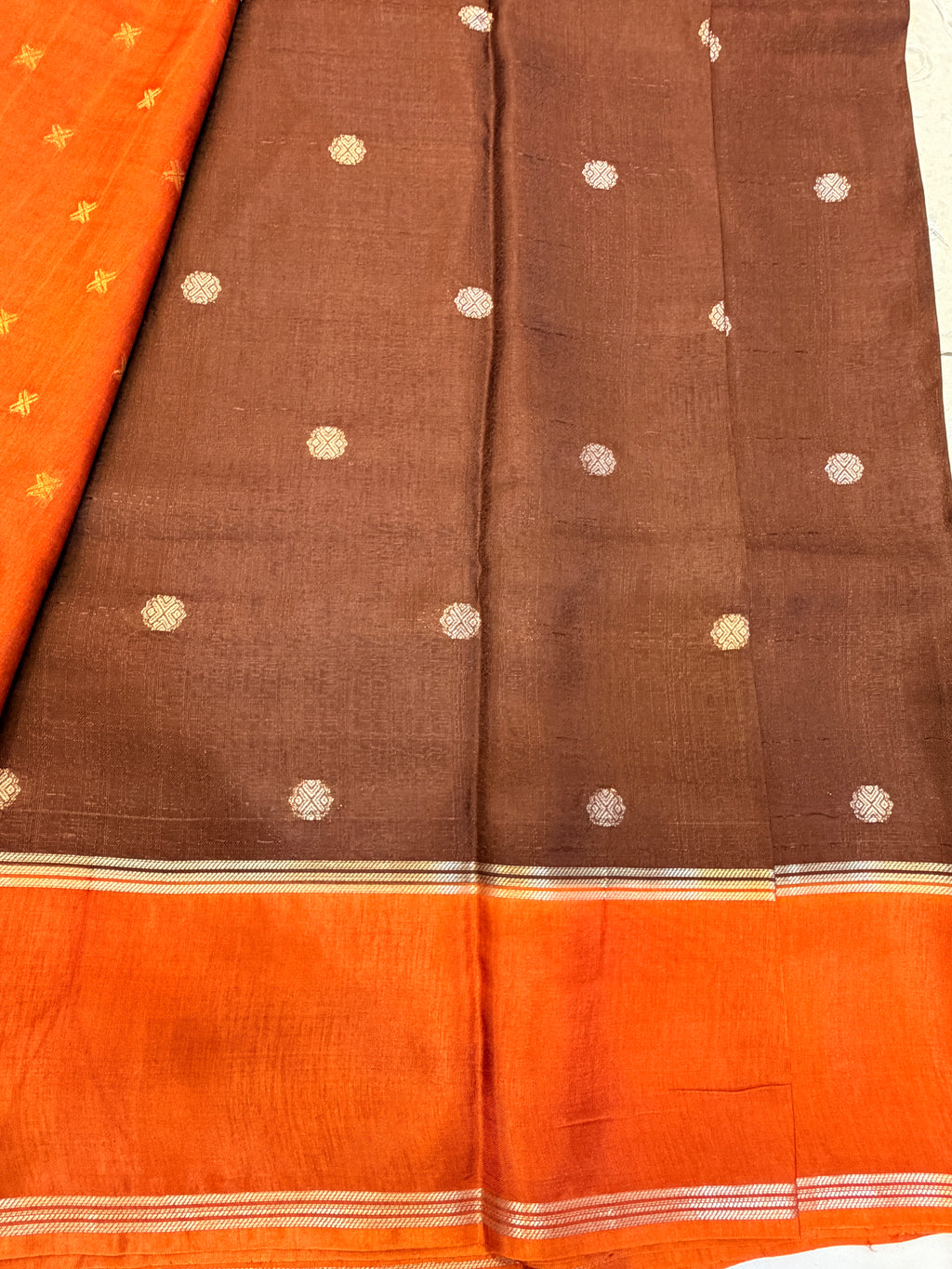 Chocolate Brown Soft Jute Tussar Saree with Orange Gap Border