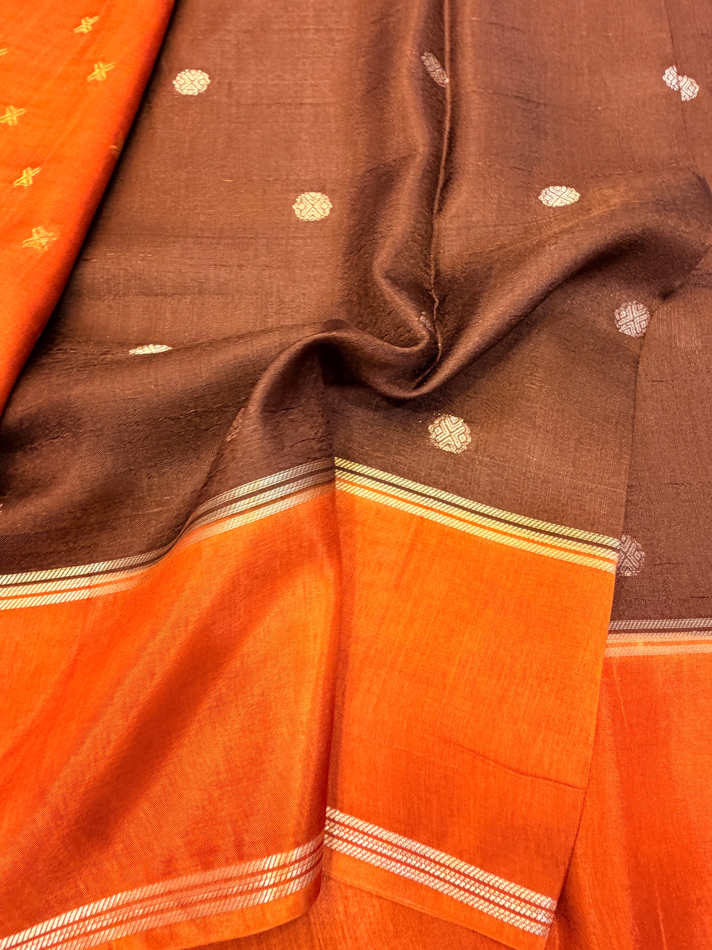 Chocolate Brown Soft Jute Tussar Saree with Orange Gap Border